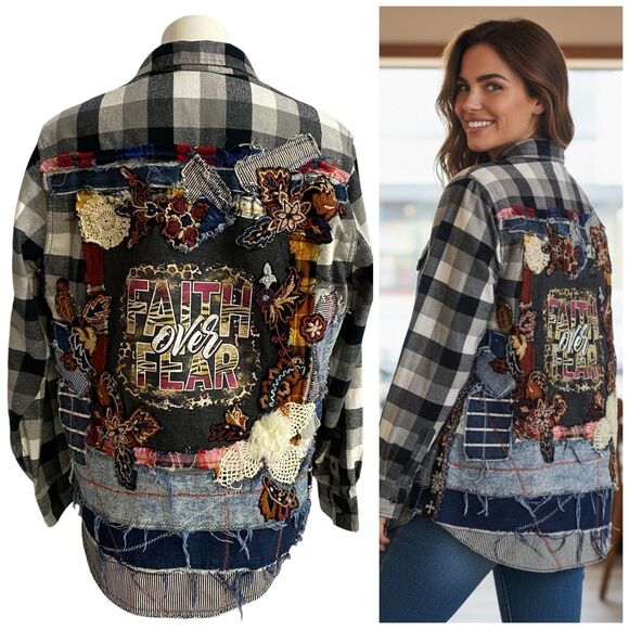 Upcycled Flannel Shirt Womens Large Shacket Faith Christian Grunge Camp Church